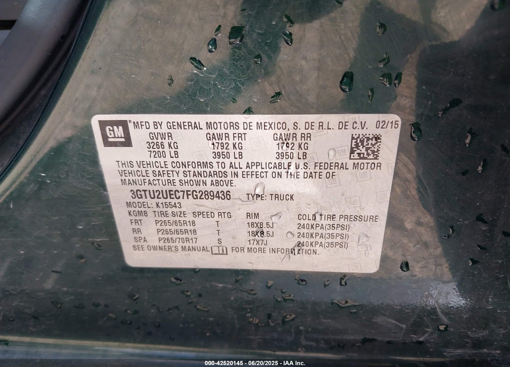 2015 GMC SIERRA 1500 VIN: 3GTU2UEC7FG289436