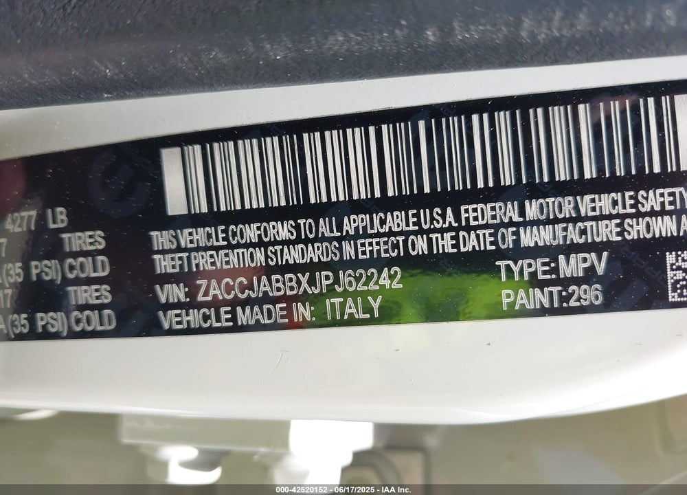2018 JEEP RENEGADE VIN: ZACCJABBXJPJ62242