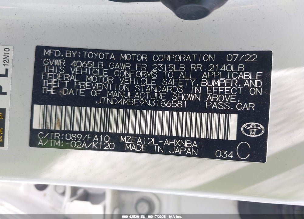 2022 TOYOTA COROLLA SE VIN: JTND4MBE9N3186581