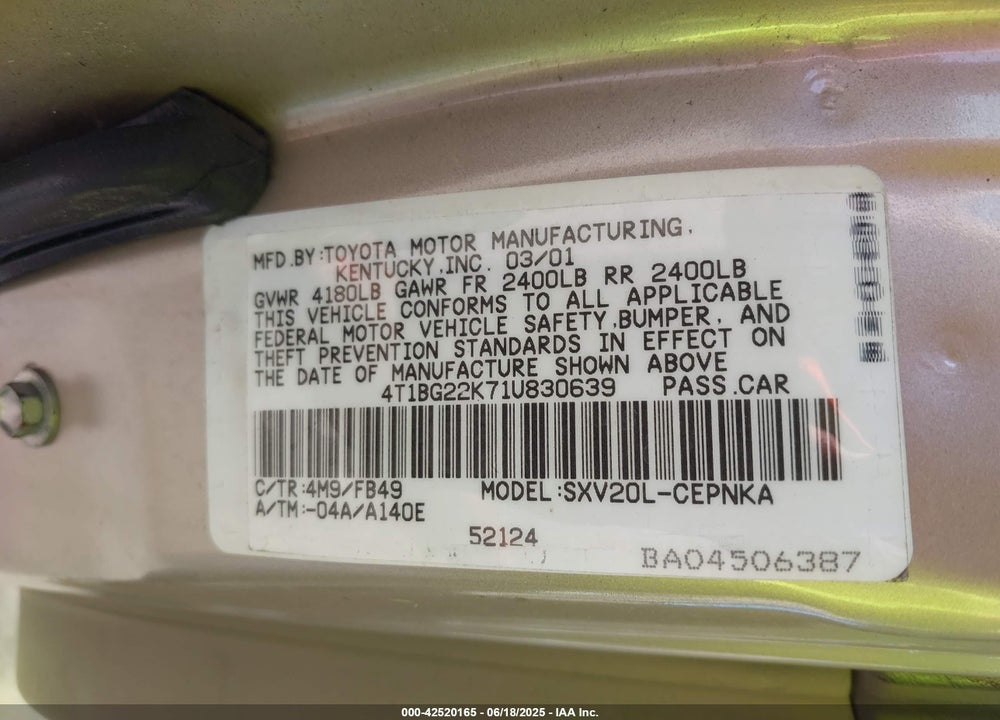 2001 TOYOTA CAMRY VIN: 4T1BG22K71U830639