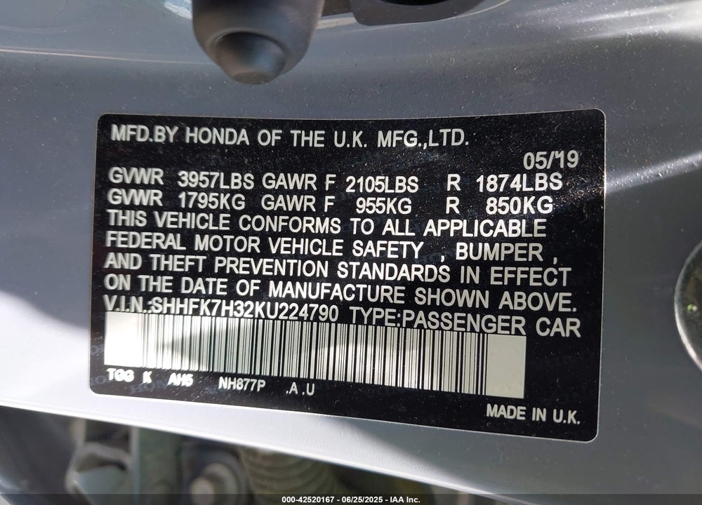 2019 HONDA CIVIC LX VIN: SHHFK7H32KU224790