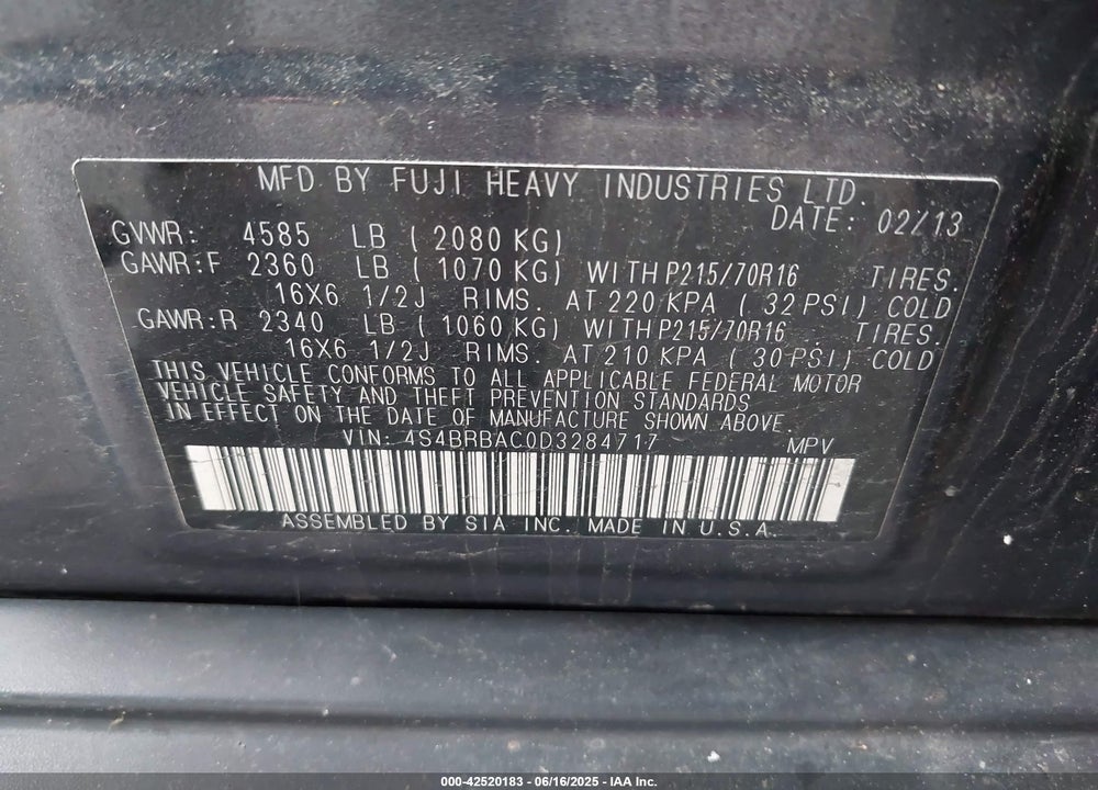 2013 SUBARU OUTBACK VIN: 4S4BRBAC0D3284717