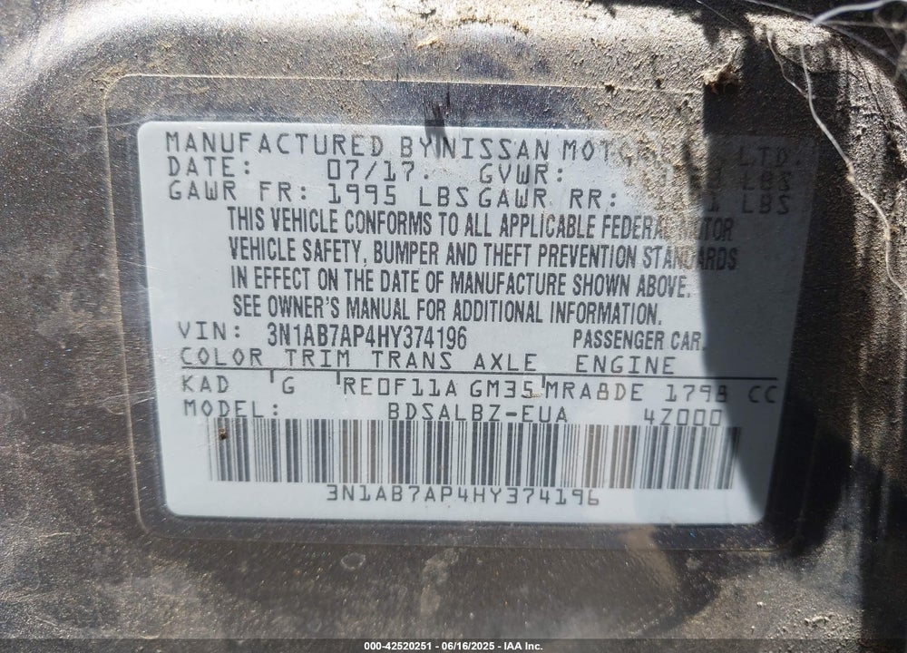 2017 NISSAN SENTRA VIN: 3N1AB7AP4HY374196