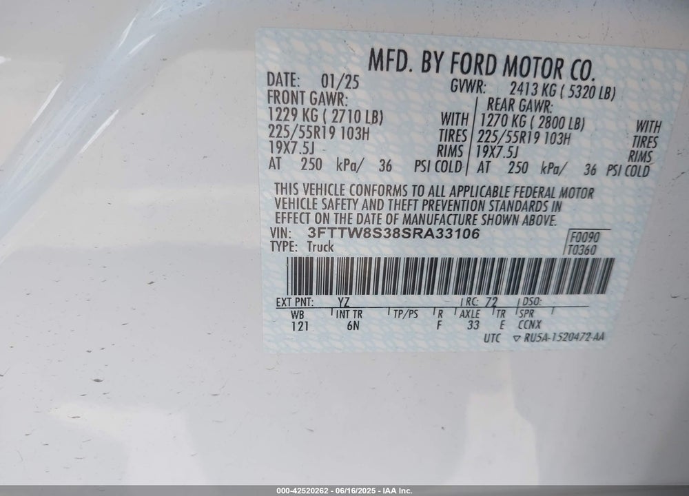 2025 FORD MAVERICK VIN: 3FTTW8S38SRA33106