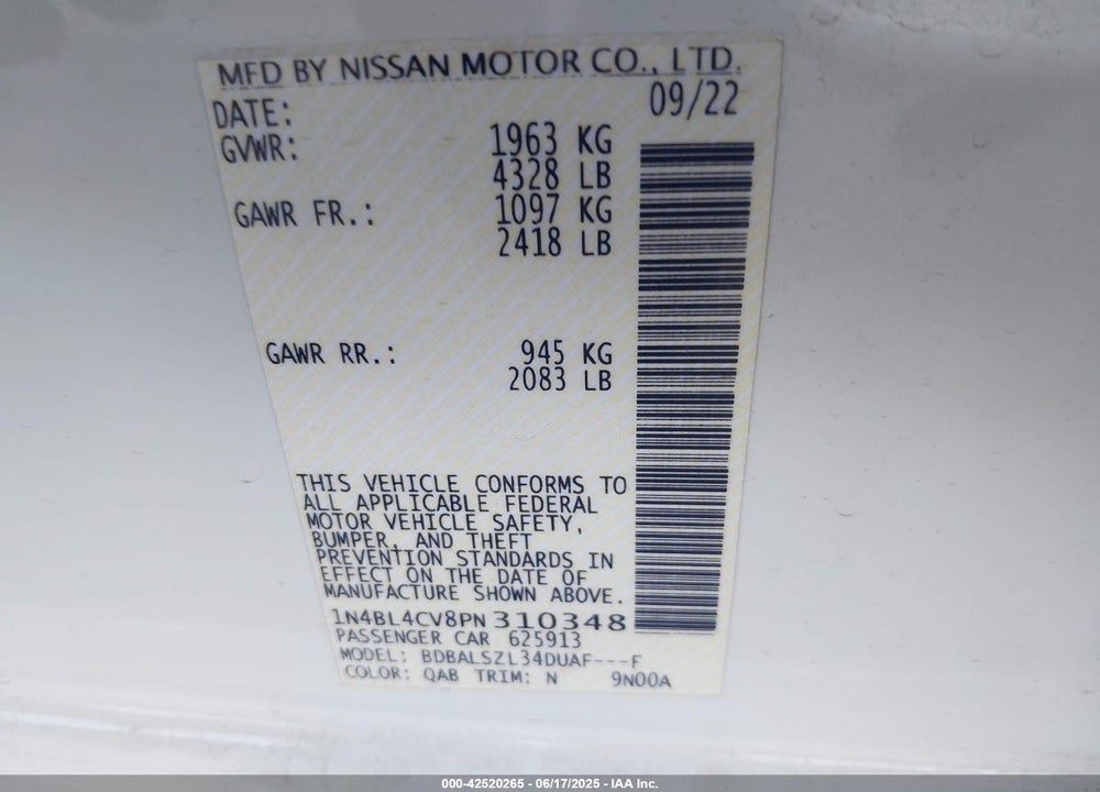 2023 NISSAN ALTIMA VIN: 1N4BL4CV8PN310348