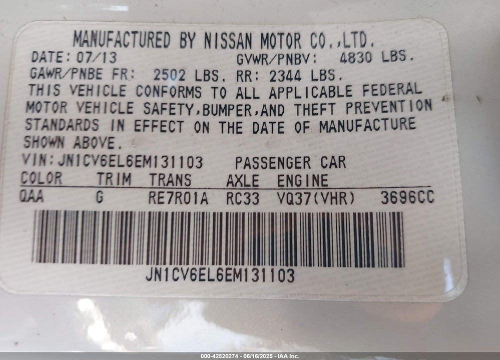 2014 INFINITI Q60 VIN: JN1CV6EL6EM131103