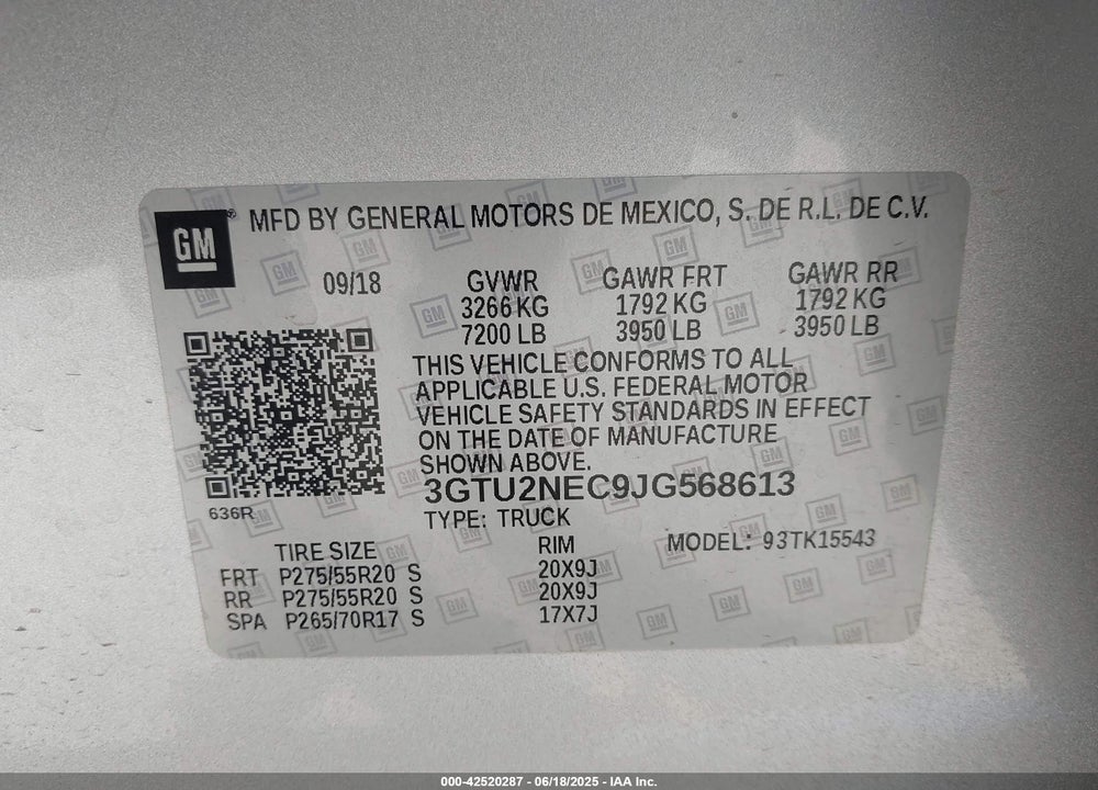2018 GMC SIERRA 1500 VIN: 3GTU2NEC9JG568613