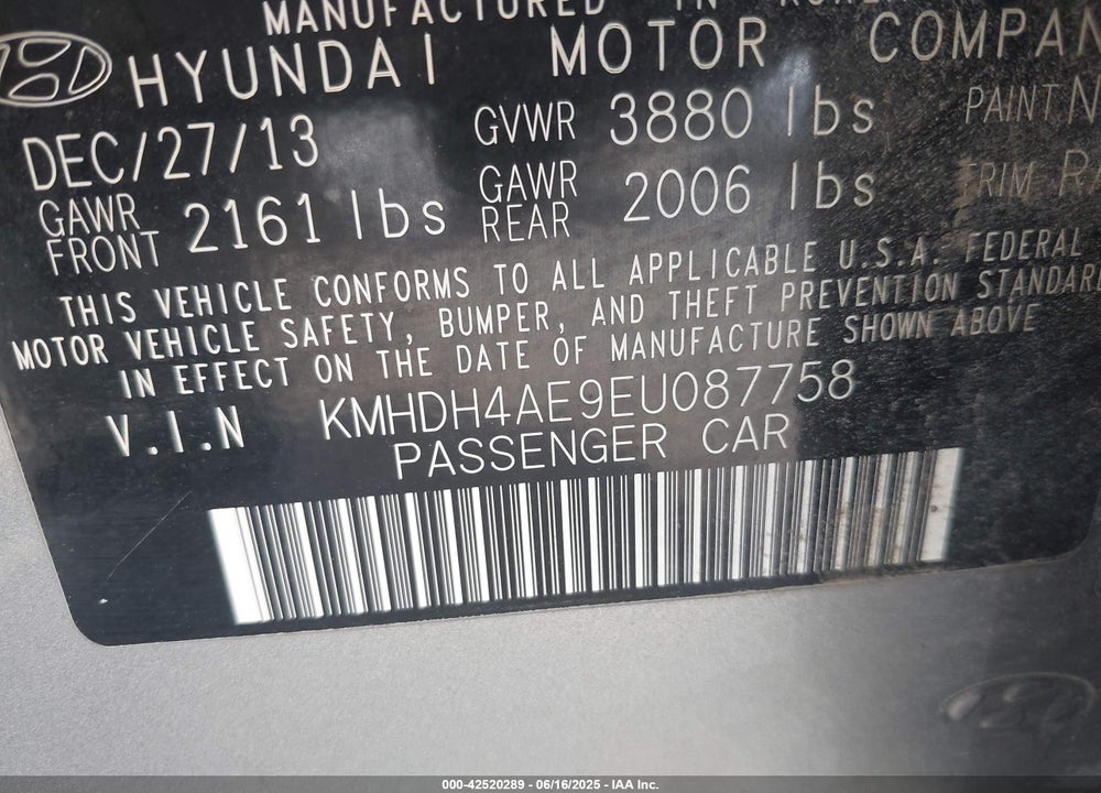 2014 HYUNDAI ELANTRA VIN: KMHDH4AE9EU087758