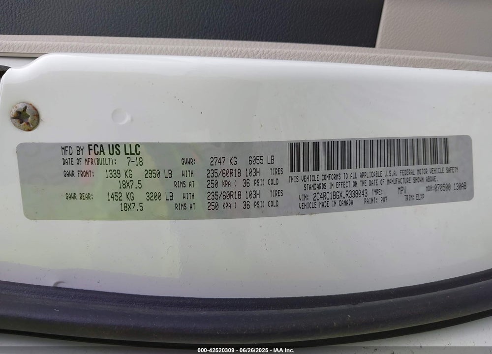 2018 CHRYSLER PACIFICA TOURING L VIN: 2C4RC1BGXJR338043