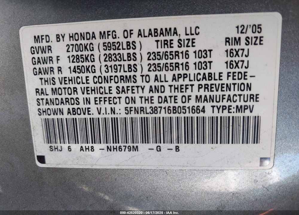 2006 HONDA ODYSSEY EX-L VIN: 5FNRL38716B051664