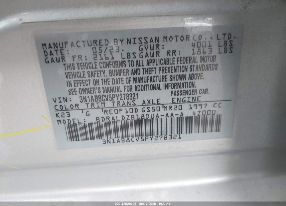 2023 NISSAN SENTRA VIN: 3N1AB8CV5PY278321