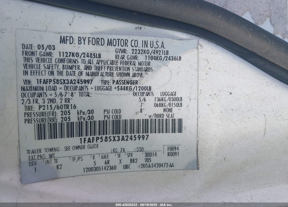 2003 FORD TAURUS SE VIN: 1FAFP58SX3A245997
