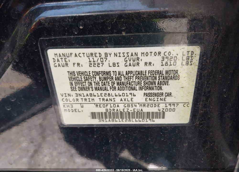 2008 NISSAN SENTRA VIN: 3N1AB61E28L660196