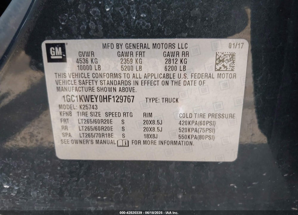 2017 CHEVROLET SILVERADO 2500HD LTZ VIN: 1GC1KWEY0HF129767