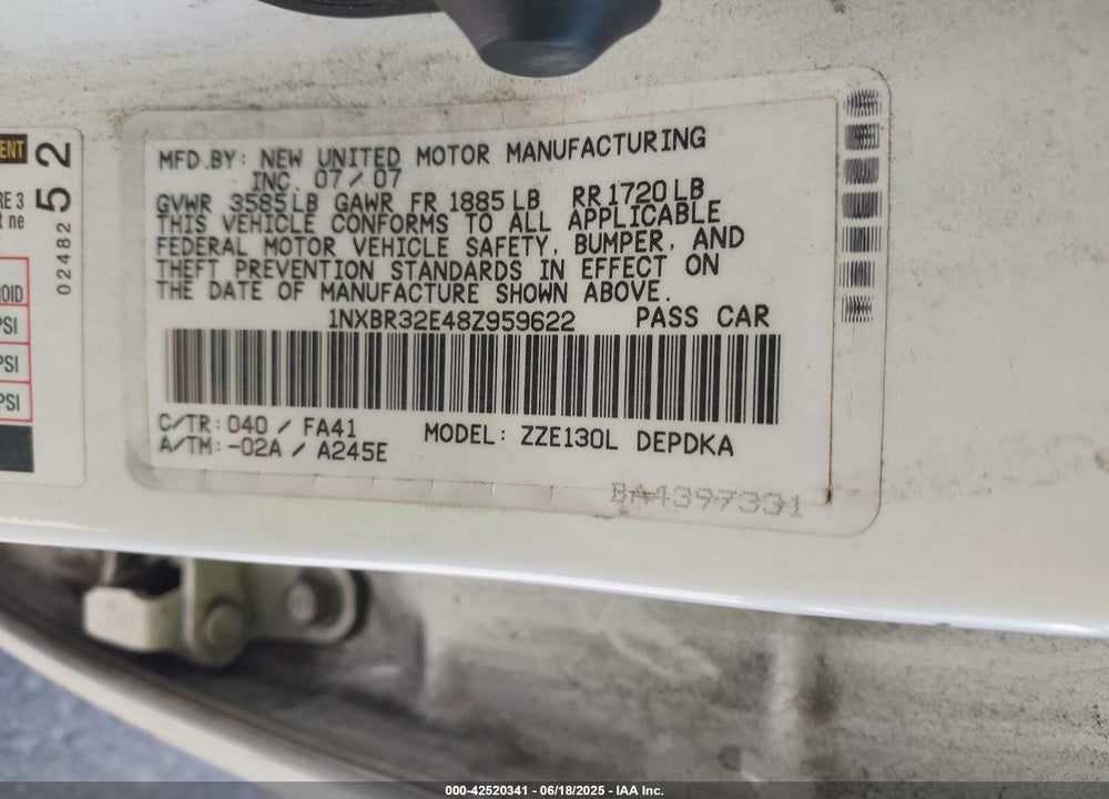2008 TOYOTA COROLLA VIN: 1NXBR32E48Z959622