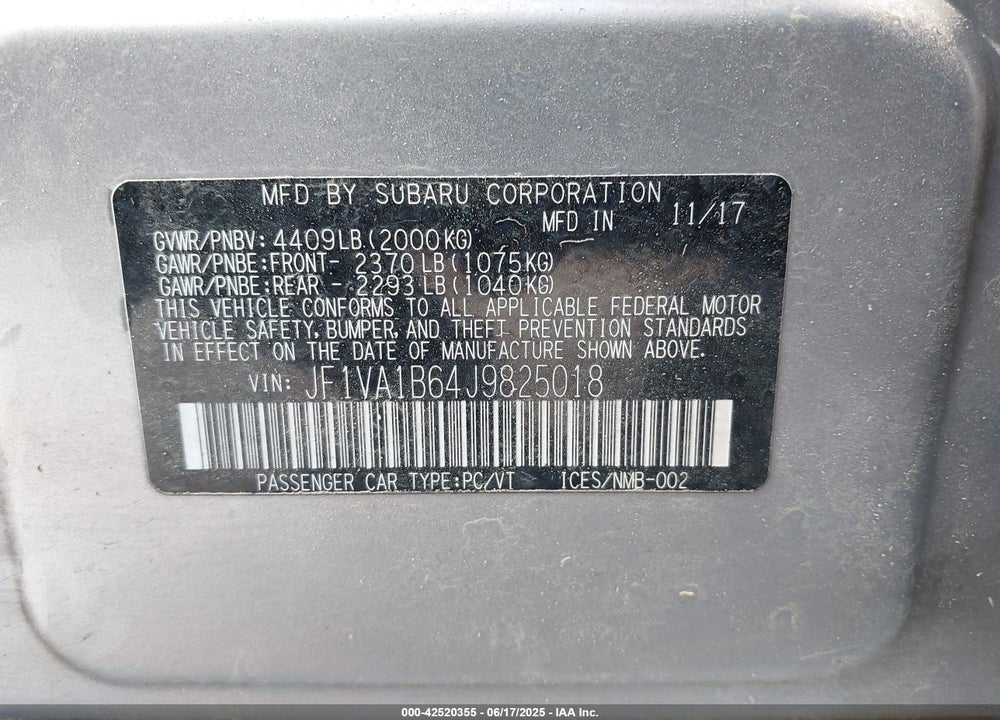 2018 SUBARU WRX VIN: JF1VA1B64J9825018