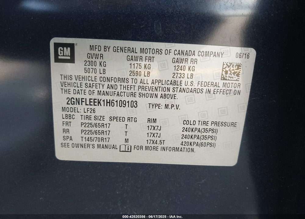 2017 CHEVROLET EQUINOX LS VIN: 2GNFLEEK1H6109103