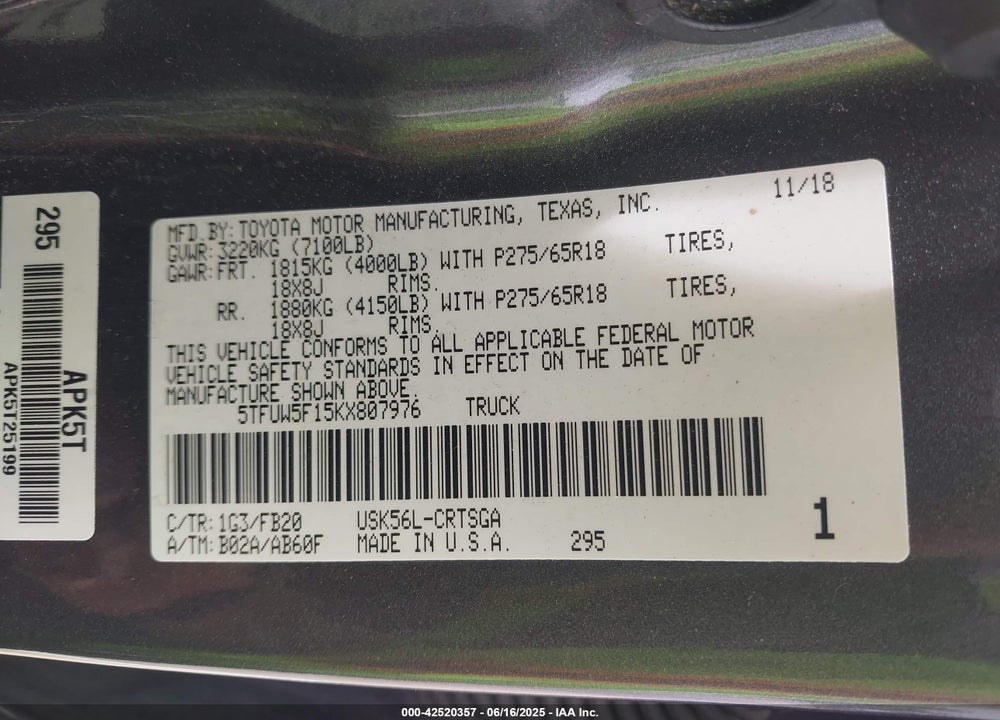 2019 TOYOTA TUNDRA VIN: 5TFUW5F15KX807976