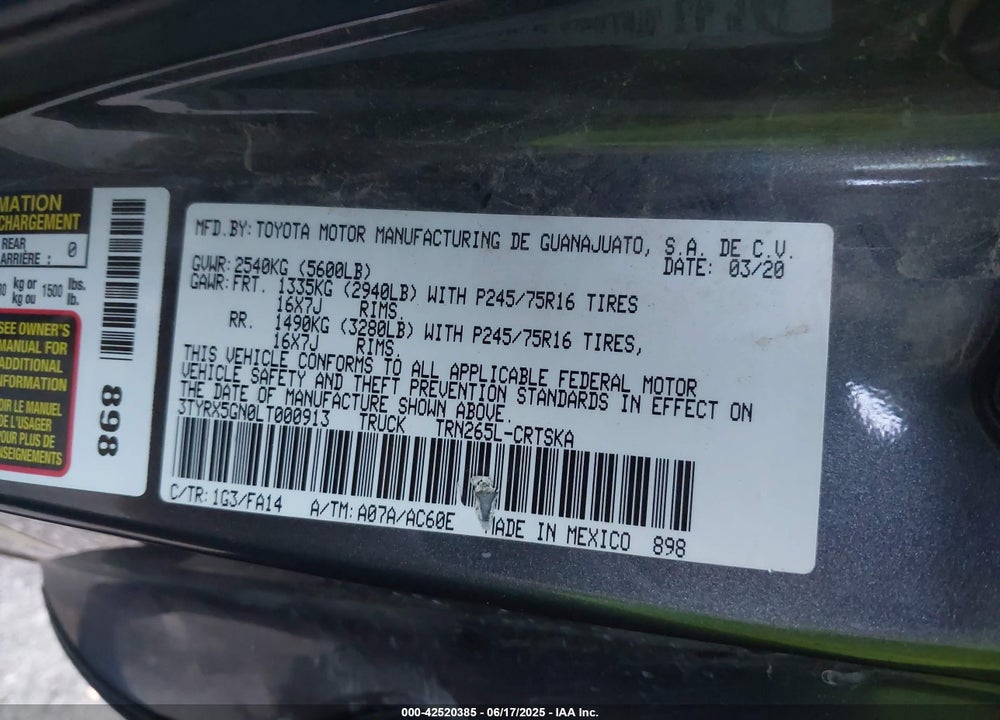 2020 TOYOTA TACOMA ACC VIN: 3TYRX5GN0LT000913