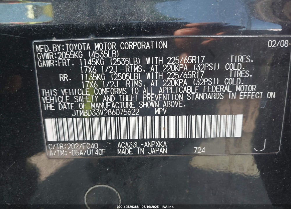 2008 TOYOTA RAV4 VIN: JTMBD33V286075622