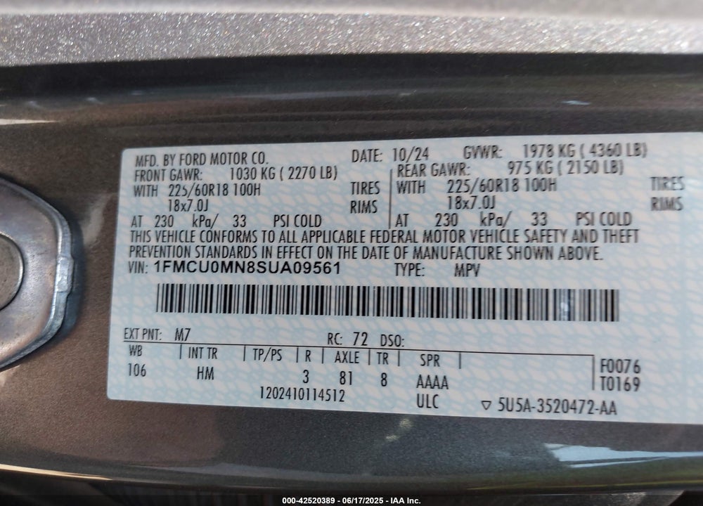 2025 FORD ESCAPE ST LINE VIN: 1FMCU0MN8SUA09561