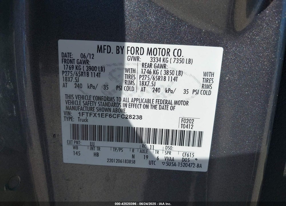2012 FORD F-150 LARIAT VIN: 1FTFX1EF6CFC28238