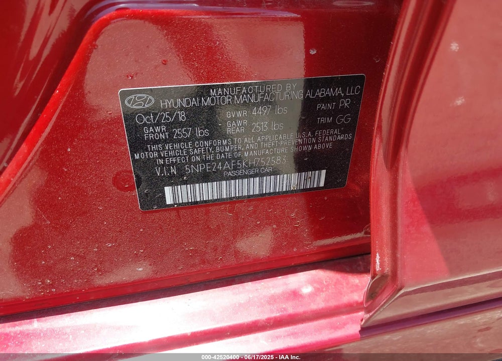 2019 HYUNDAI SONATA VIN: 5NPE24AF5KH752583