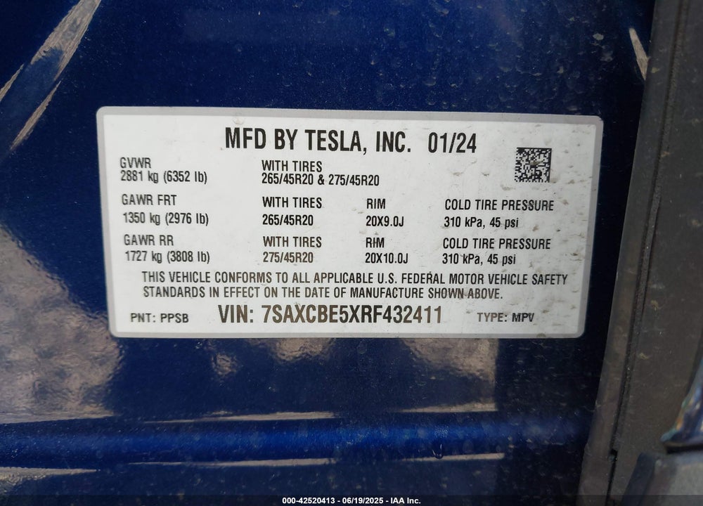 2024 TESLA MODEL X VIN: 7SAXCBE5XRF432411