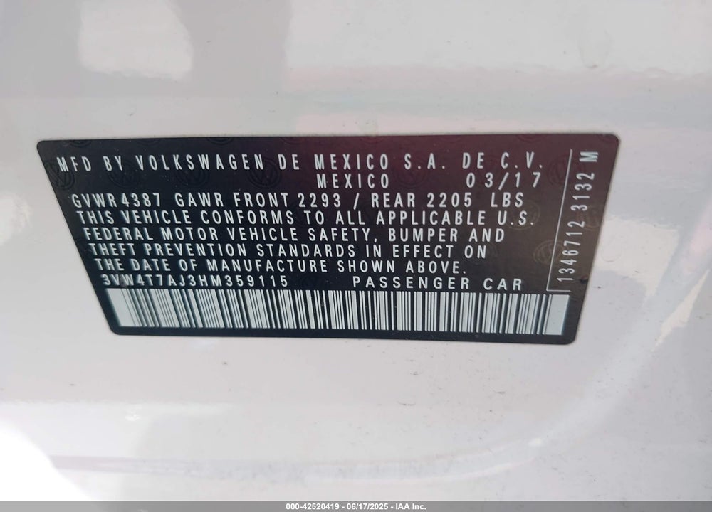 2017 VOLKSWAGEN JETTA VIN: 3VW4T7AJ3HM359115