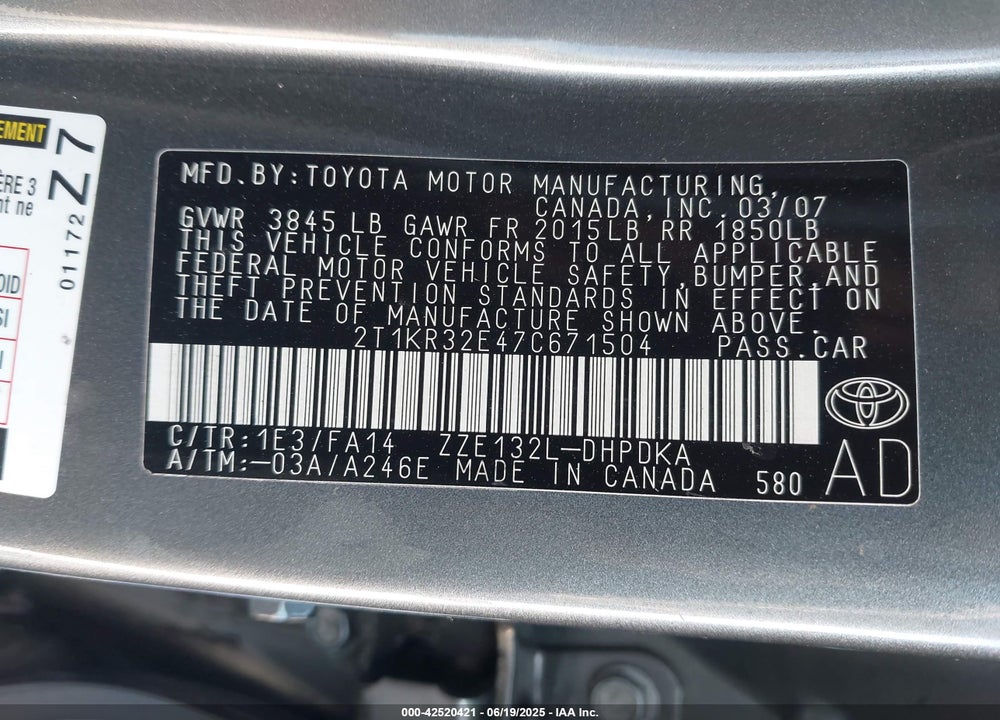 2007 TOYOTA MATRIX VIN: 2T1KR32E47C671504