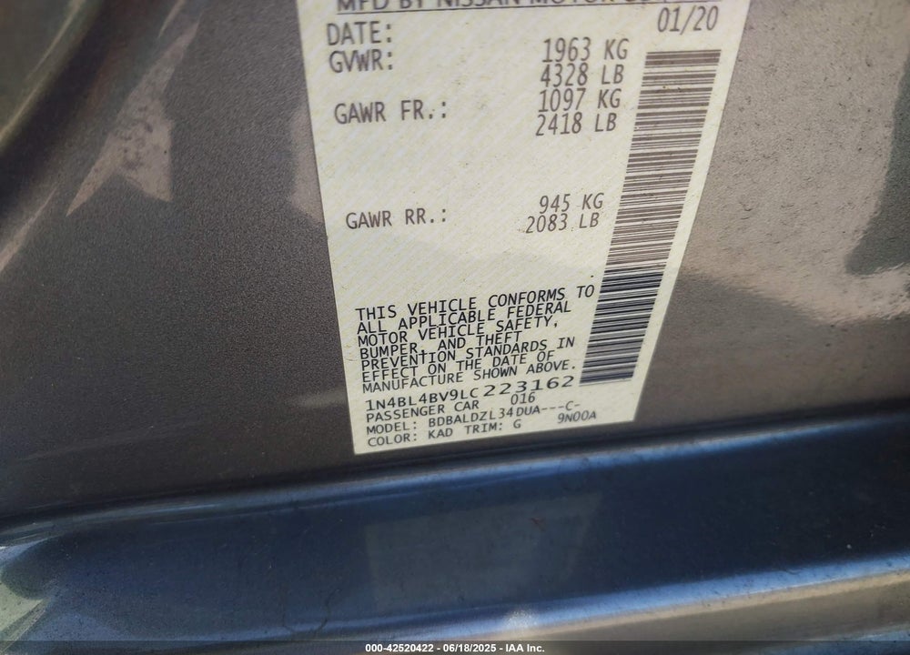 2020 NISSAN ALTIMA VIN: 1N4BL4BV9LC223162