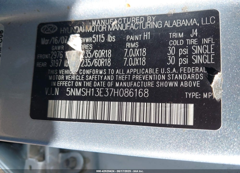 2007 HYUNDAI SANTA FE VIN: 5NMSH13E37H086168