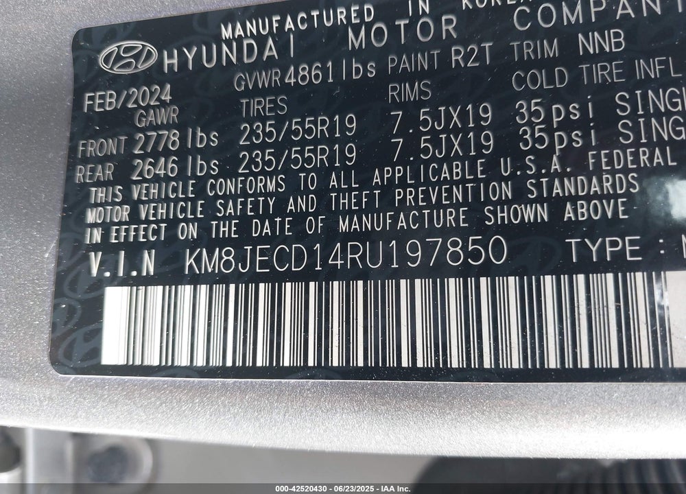 2024 HYUNDAI TUCSON HYBRID LIMITED VIN: KM8JECD14RU197850