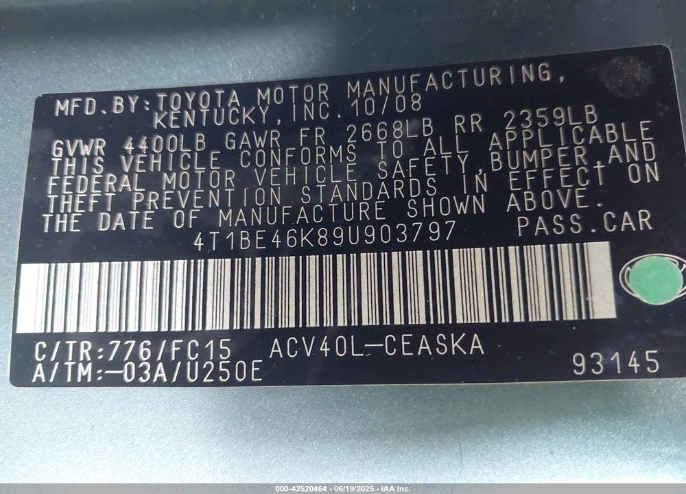 2009 TOYOTA CAMRY SE VIN: 4T1BE46K89U903797