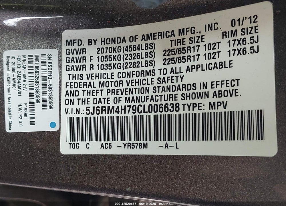 2012 HONDA CR-V VIN: 5J6RM4H79CL006638