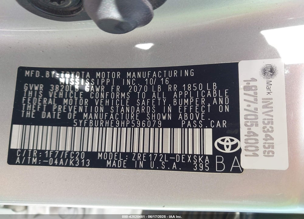 2017 TOYOTA COROLLA VIN: 5YFBURHE9HP596079