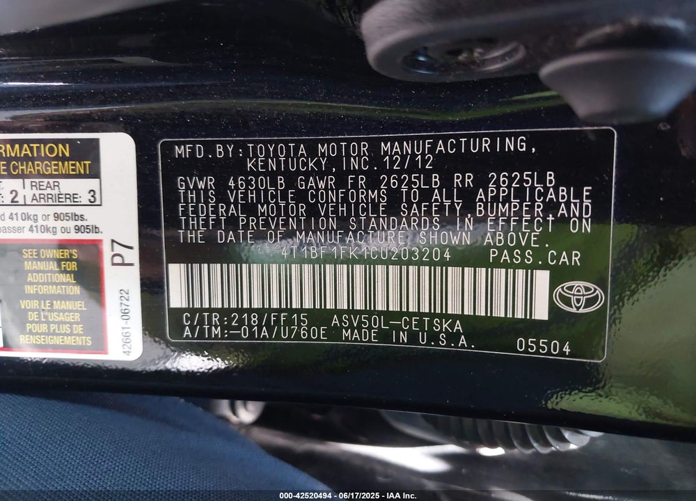 2012 TOYOTA CAMRY VIN: 4T1BF1FK1CU203204