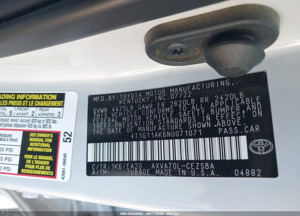2022 TOYOTA CAMRY SE VIN: 4T1G11AK6NU071071