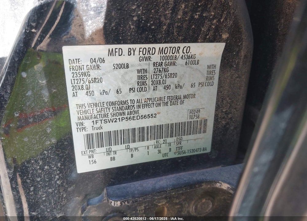 2006 FORD F250 VIN: 1FTSW21P56ED56552