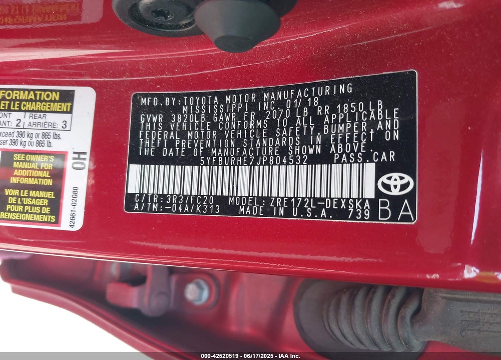 2018 TOYOTA COROLLA SE VIN: 5YFBURHE7JP804532