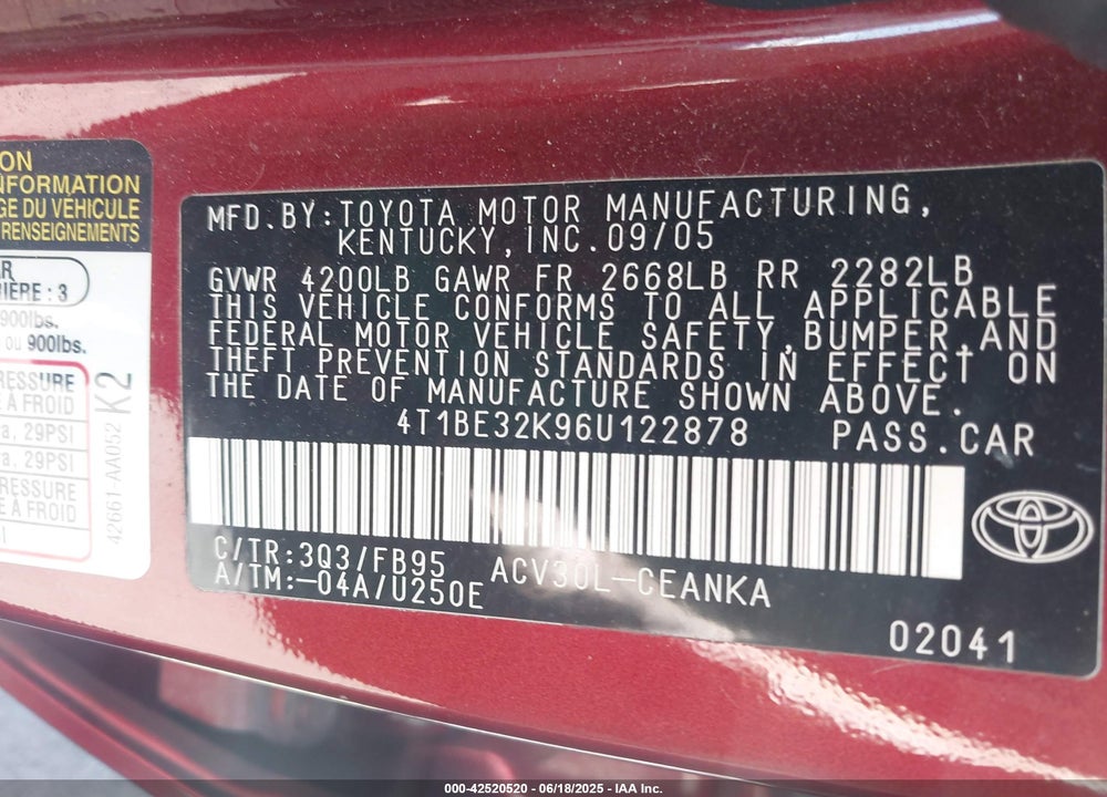 2006 TOYOTA CAMRY VIN: 4T1BE32K96U122878