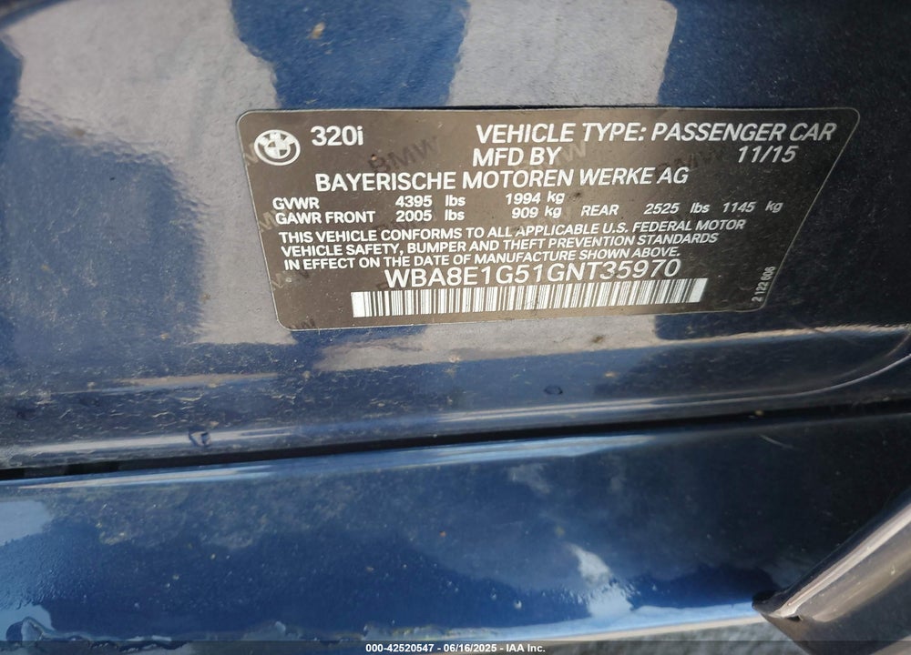 2016 BMW 320I VIN: WBA8E1G51GNT35970
