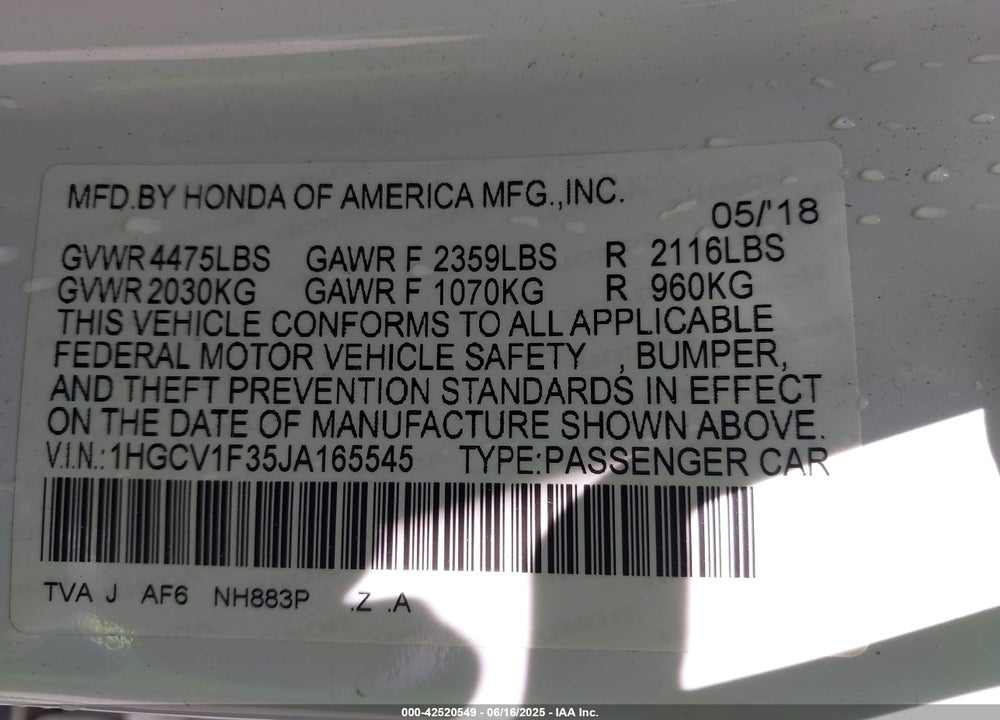 2018 HONDA ACCORD SPORT VIN: 1HGCV1F35JA165545