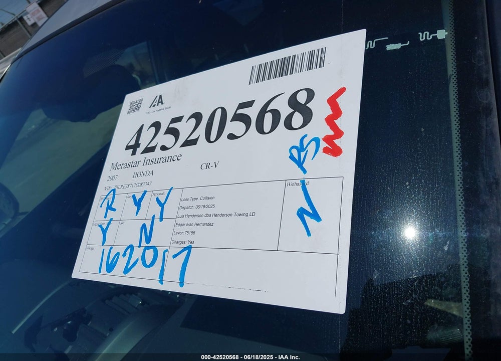 2007 HONDA CR-V EX-L VIN: JHLRE38717C083347