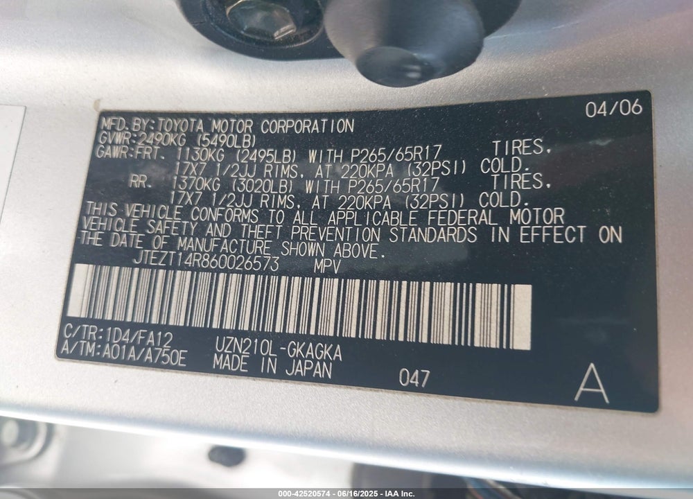 2006 TOYOTA 4RUNNER SR5 V8 VIN: JTEZT14R860026573