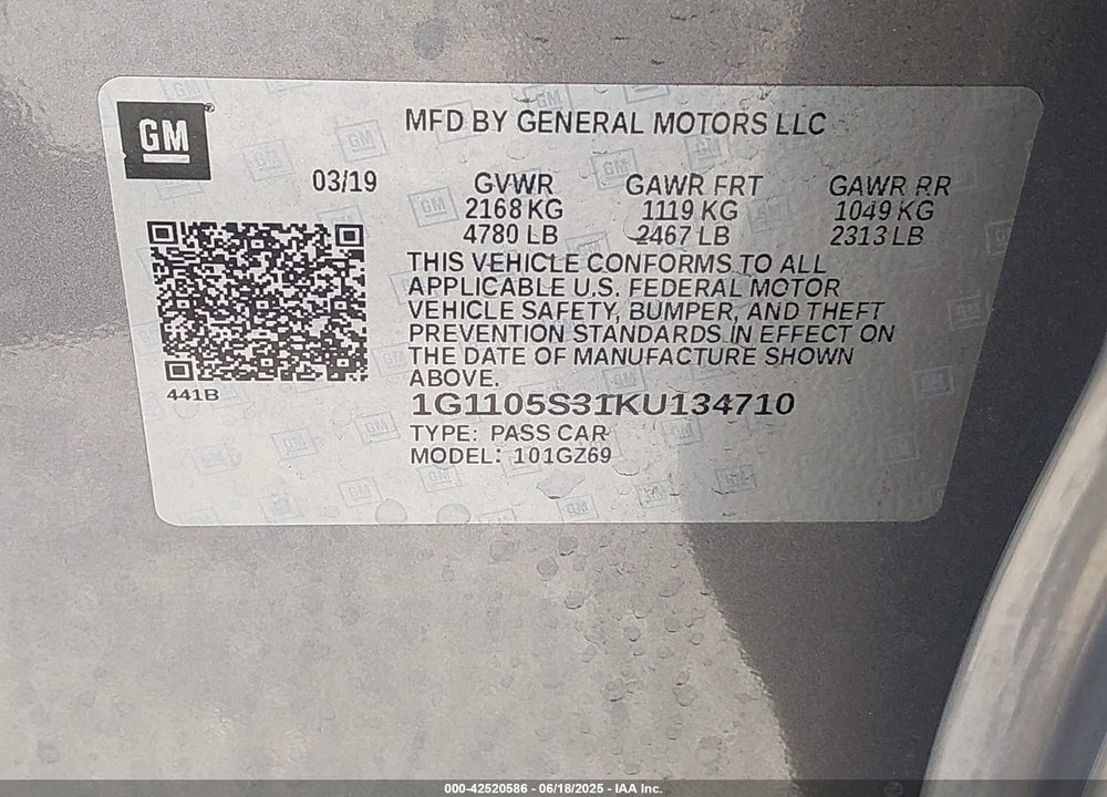 2019 CHEVROLET IMPALA PREMIER VIN: 1G1105S31KU134710