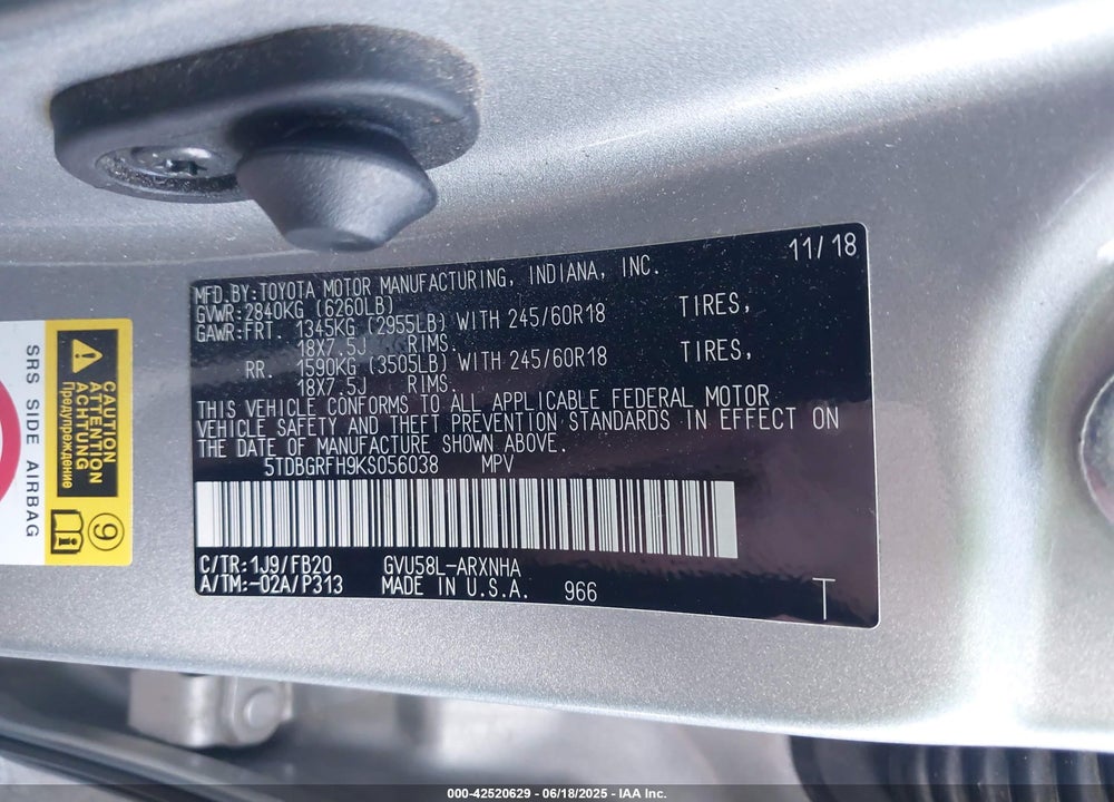 2019 TOYOTA HIGHLANDER HYBRID VIN: 5TDBGRFH9KS056038