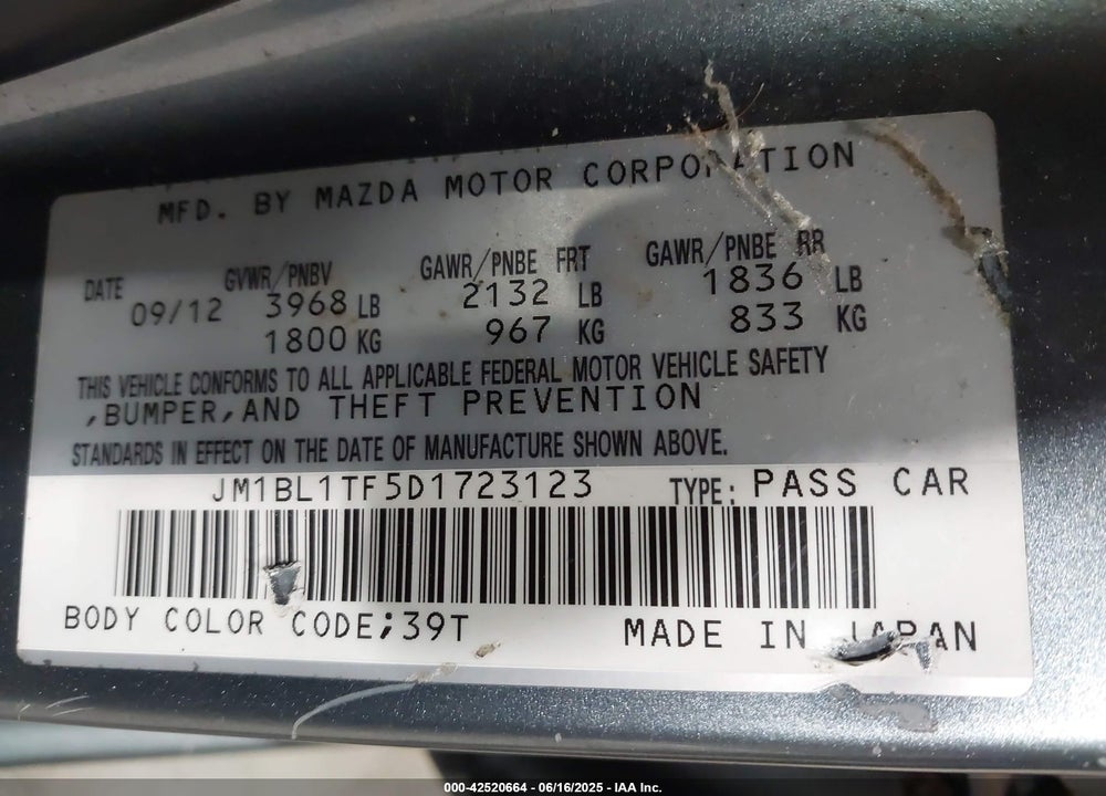 2013 MAZDA 3 I SV VIN: JM1BL1TF5D1723123