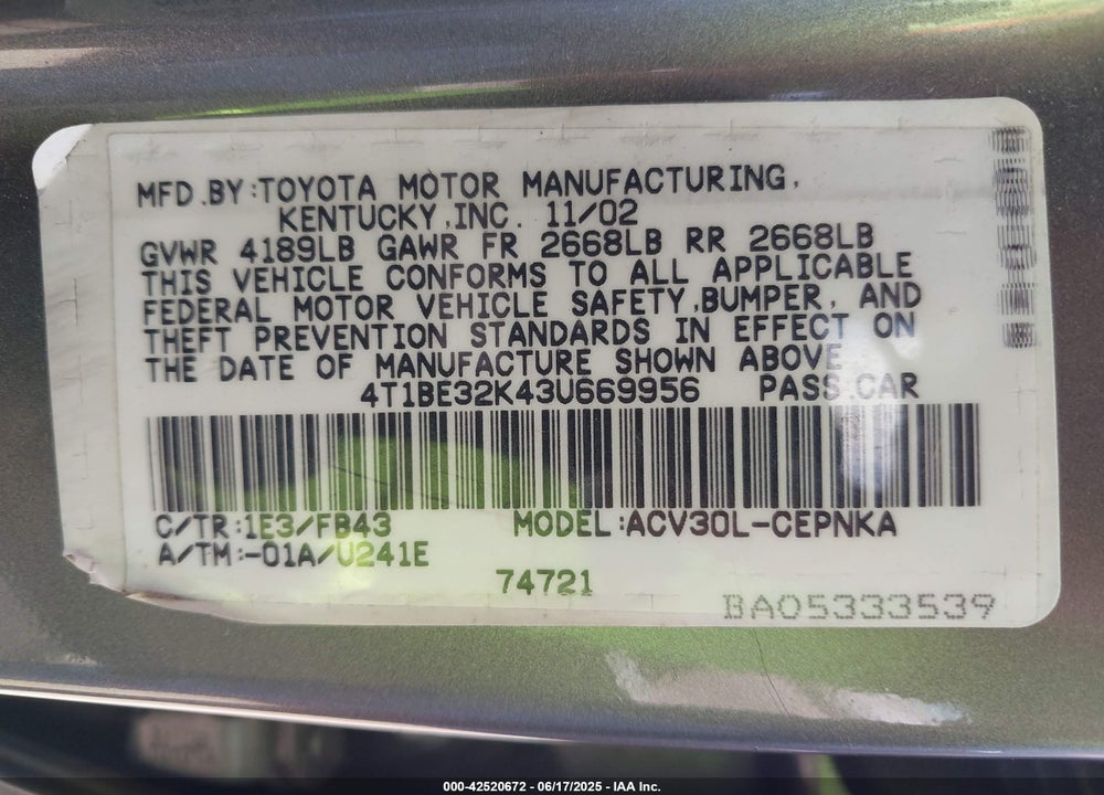 2003 TOYOTA CAMRY LE VIN: 4T1BE32K43U669956