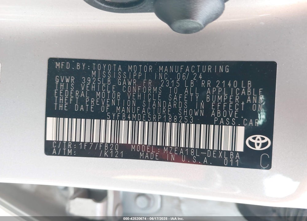 2024 TOYOTA COROLLA VIN: 5YFB4MDE5RP188253